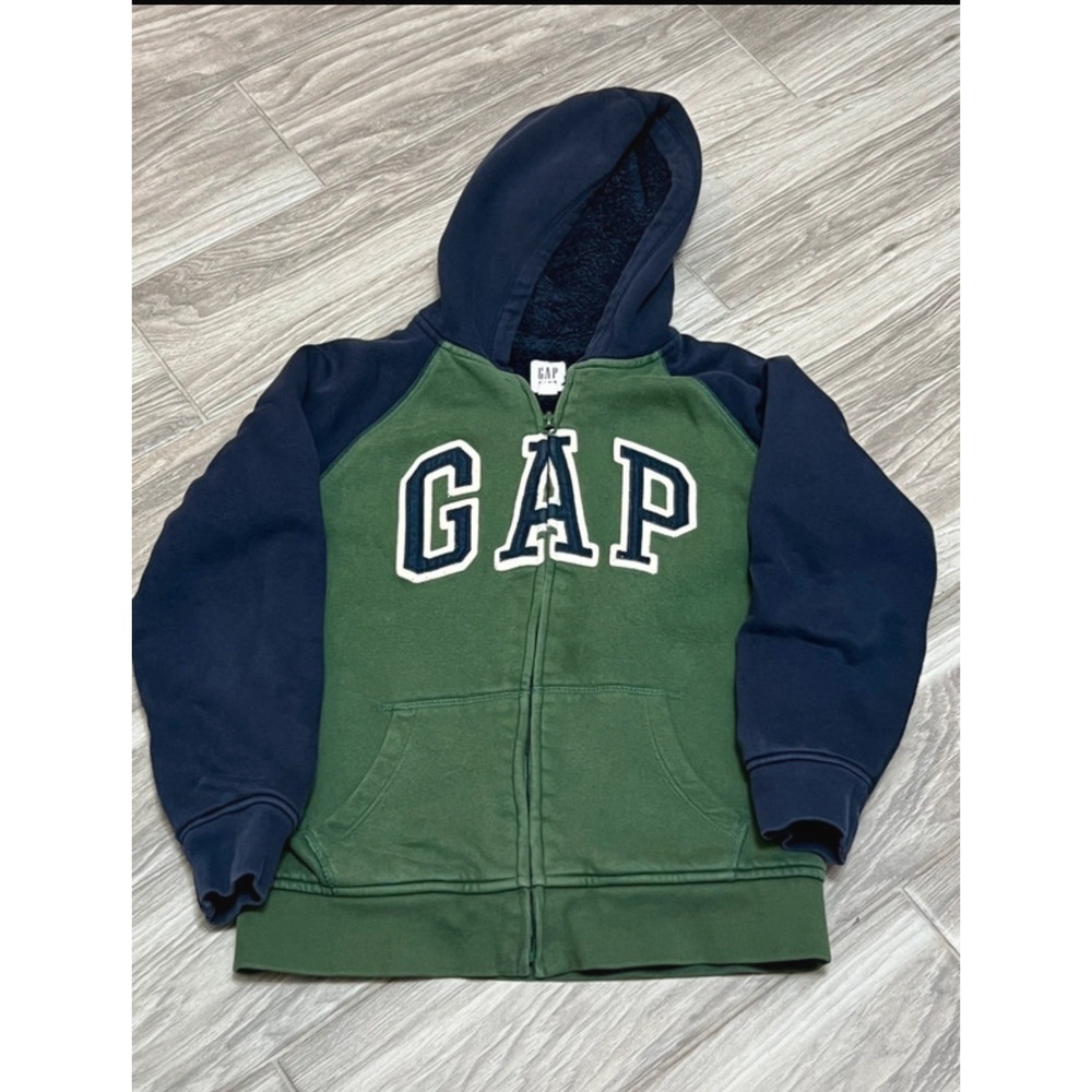 Gap Kids Full Zip Hoodie Green Navy Blue Sherpa Lined Arch Logo Sweatshirt L